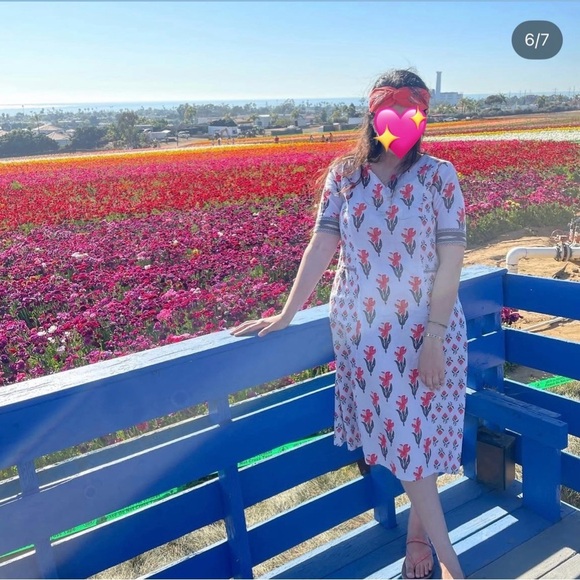 Srishti Floral Cotton Linen Blend Midi Dress S India Floral Print Pink White - Picture 2 of 3